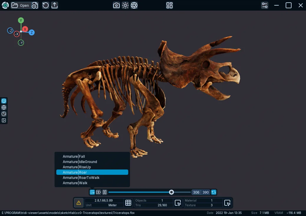 An animated Triceratops model with clip list and playback controls visible in Tridi Viewer