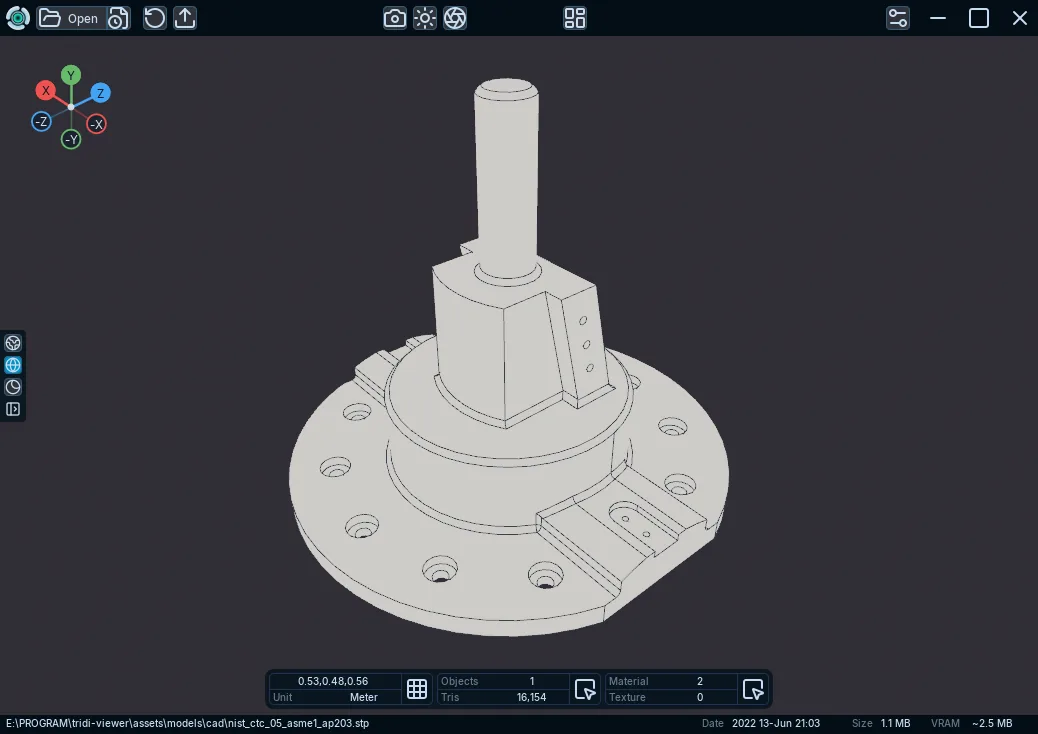 A STEP mechanical assembly shown with native CAD edges in Tridi Viewer