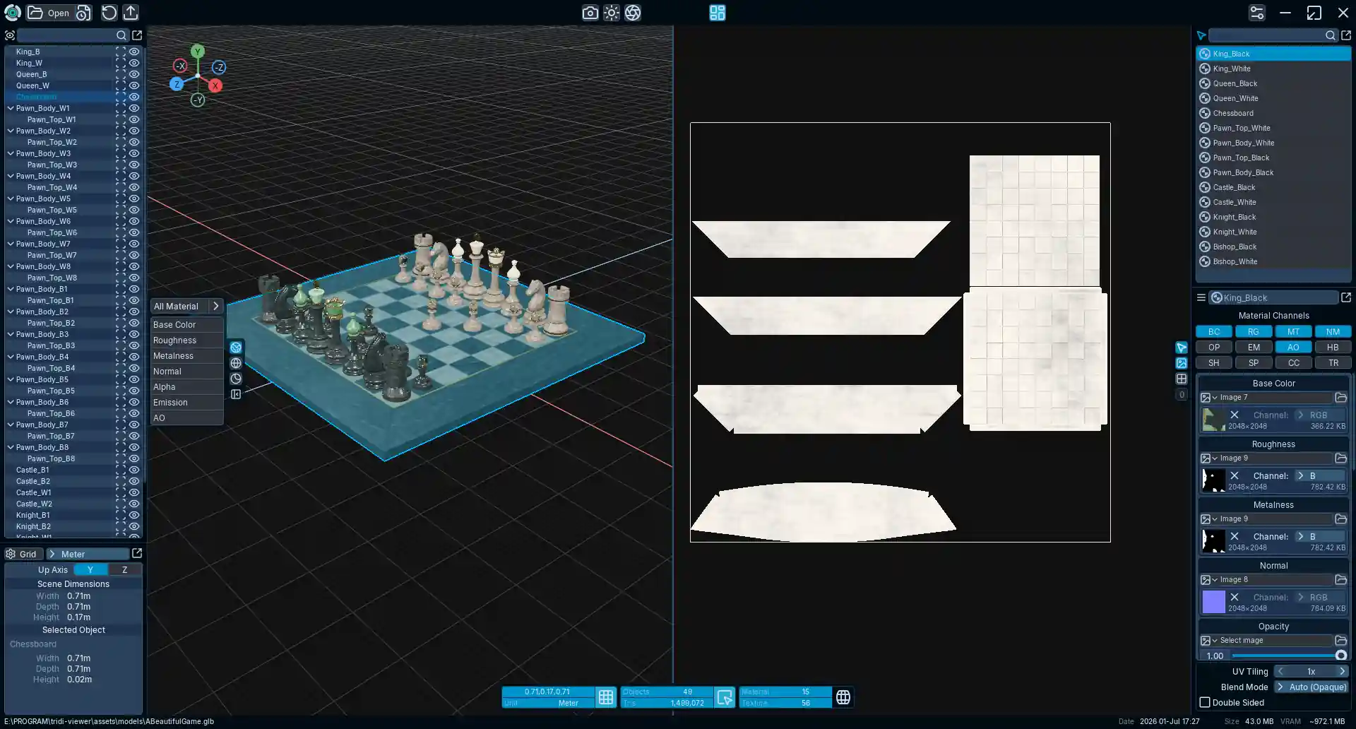 Tridi Viewer with the full object, material, UV, and scene interface open