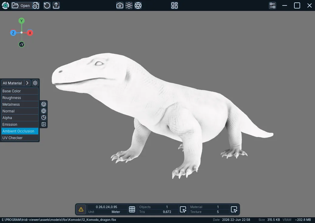 A model displayed in the Normal render pass with the Tridi Viewer render-pass panel open