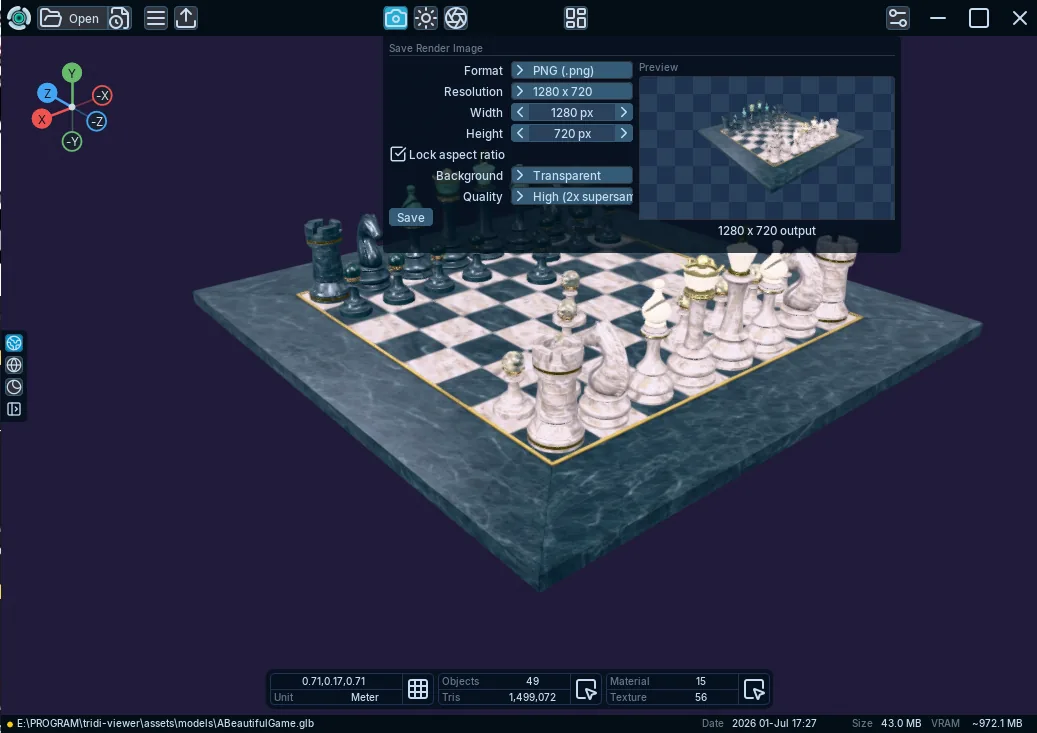 The Tridi Viewer render panel used to export a model view as an image