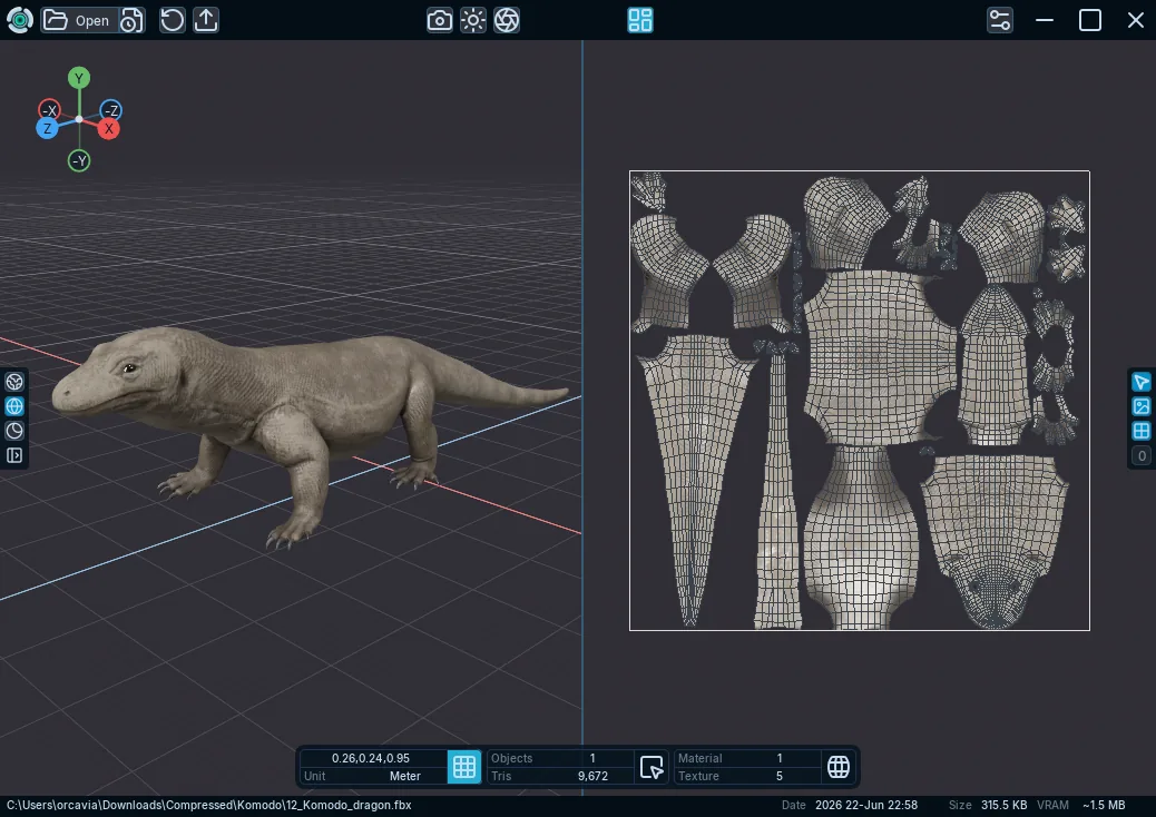 Tridi Viewer showing a textured model in the 3D View beside its UV map and wireframe in UV View